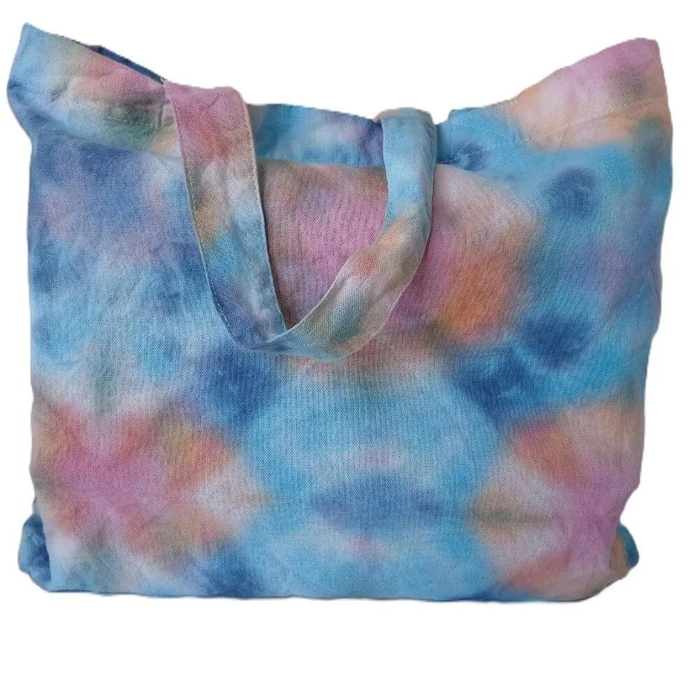 Tie Dye Tote Bag Cotton Reusable Grocery Bag With Blue Pink Orange Handmade - Picture 6 of 16